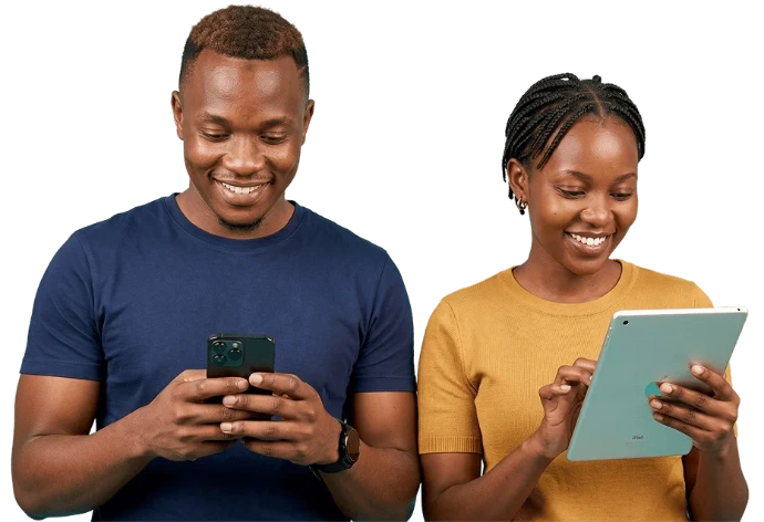 Smiling man using a smartphone and woman using a tablet, showcasing everyday mobile technology and digital connectivity.