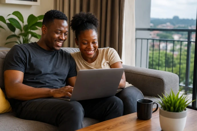 Smiling couple relaxing on a sofa while browsing together on a laptop in their living room.