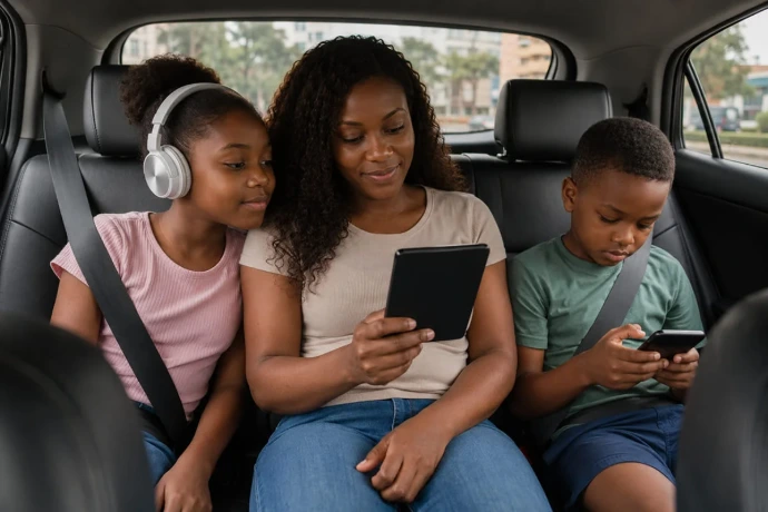 Mother and two children using a tablet and smartphone while traveling together in the back seat of a car.