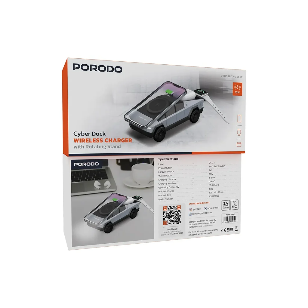 Porodo Cyber Dock Wireless Charger with Rotating Stand
