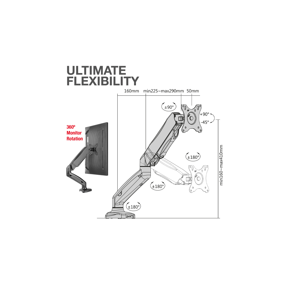 Adjustable Gas Spring Single Monitor Arm (17"–30")