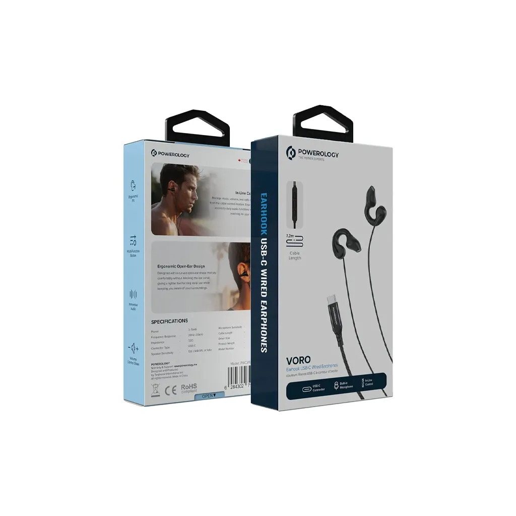 Powerology Voro Earhook USB-C Wired Earphones black color 10mm 5.webp