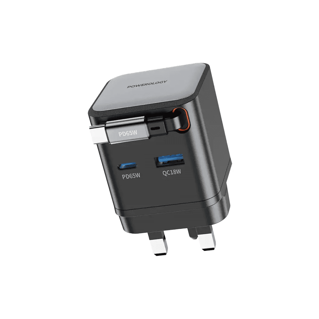 Powerology Dual Port PD 65W | Retractable GaN Charger