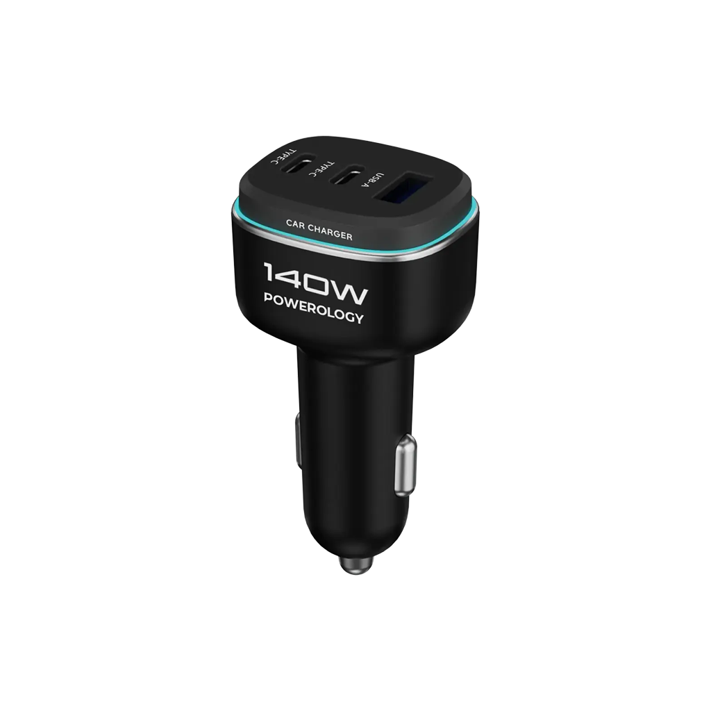 Powerology 140W Triple-Port High-Power Car Charger with USB-C Cable